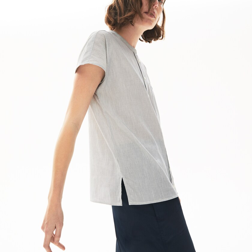 Camisas Branco Azul Marinho Azuis Feminino Lacoste Striped Linen And Cotton Blend DI9-58685E3