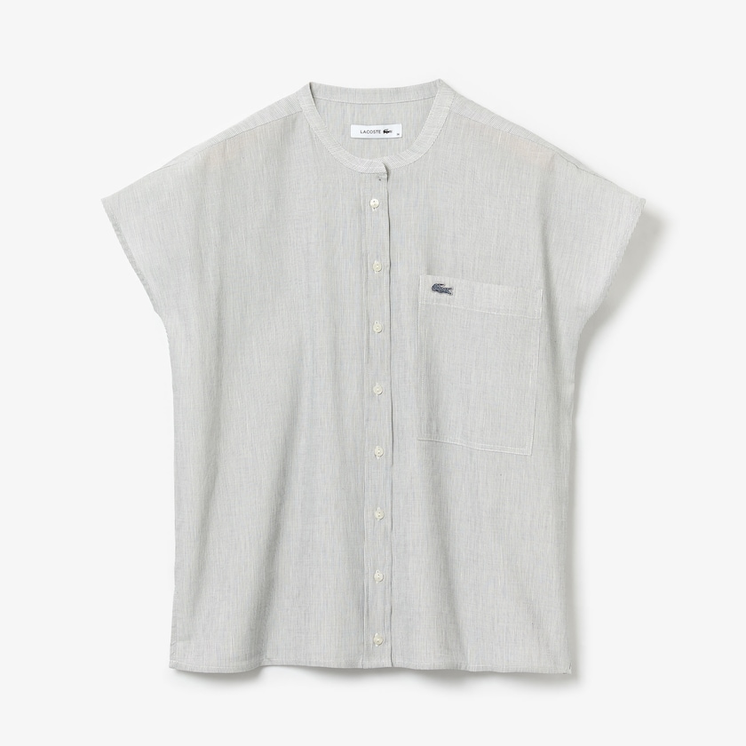 Camisas Branco Azul Marinho Azuis Feminino Lacoste Striped Linen And Cotton Blend DI9-58685E3