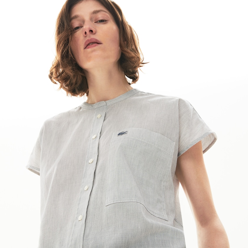 Camisas Branco Azul Marinho Azuis Feminino Lacoste Striped Linen And Cotton Blend DI9-58685E3