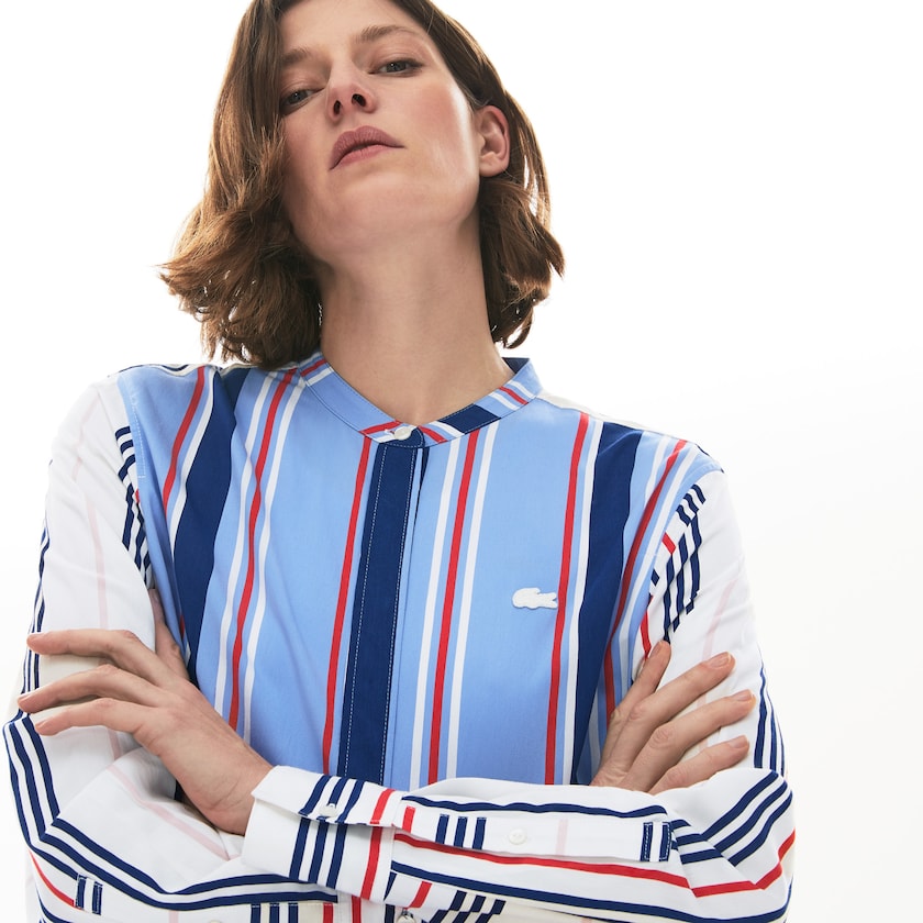 Camisas Roxo Branco Azul Marinho Azuis Vermelhas Feminino Lacoste Striped Long Flowing NP4-18921S5
