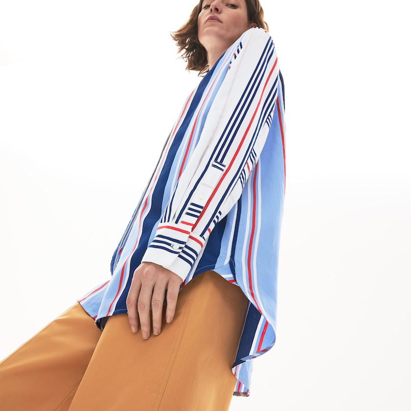 Camisas Roxo Branco Azul Marinho Azuis Vermelhas Feminino Lacoste Striped Long Flowing NP4-18921S5