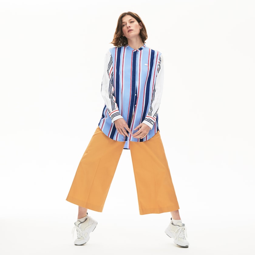 Camisas Roxo Branco Azul Marinho Azuis Vermelhas Feminino Lacoste Striped Long Flowing NP4-18921S5