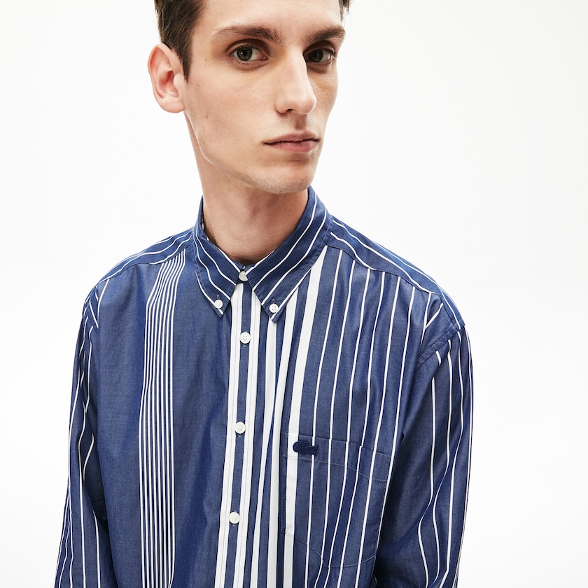 Camisas Azul Marinho Azuis Branco Masculino Lacoste Variegated-Stripe Relaxed Cotton JL9-62606S7