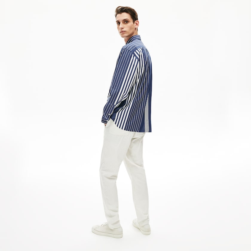 Camisas Azul Marinho Azuis Branco Masculino Lacoste Variegated-Stripe Relaxed Cotton JL9-62606S7