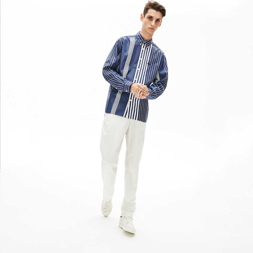 Camisas Azul Marinho Azuis Branco Masculino Lacoste Variegated-Stripe Relaxed Cotton JL9-62606S7