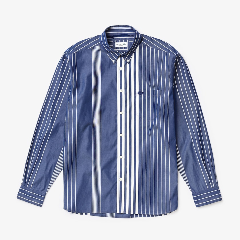 Camisas Azul Marinho Azuis Branco Masculino Lacoste Variegated-Stripe Relaxed Cotton JL9-62606S7