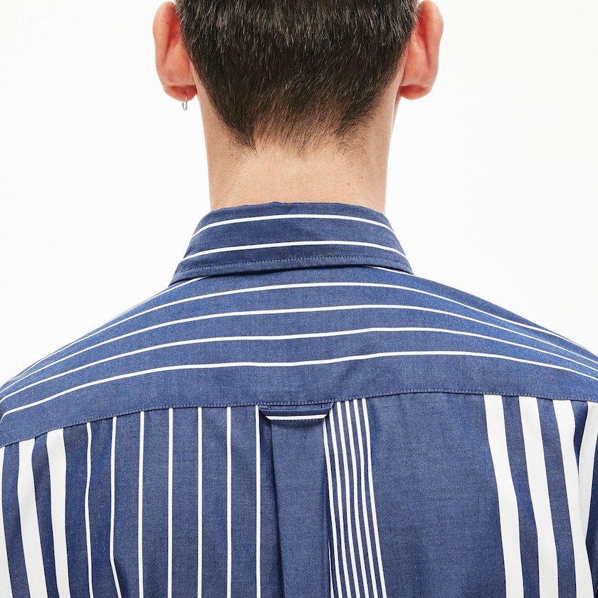 Camisas Azul Marinho Azuis Branco Masculino Lacoste Variegated-Stripe Relaxed Cotton JL9-62606S7