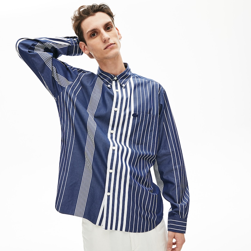 Camisas Azul Marinho Azuis Branco Masculino Lacoste Variegated-Stripe Relaxed Cotton JL9-62606S7