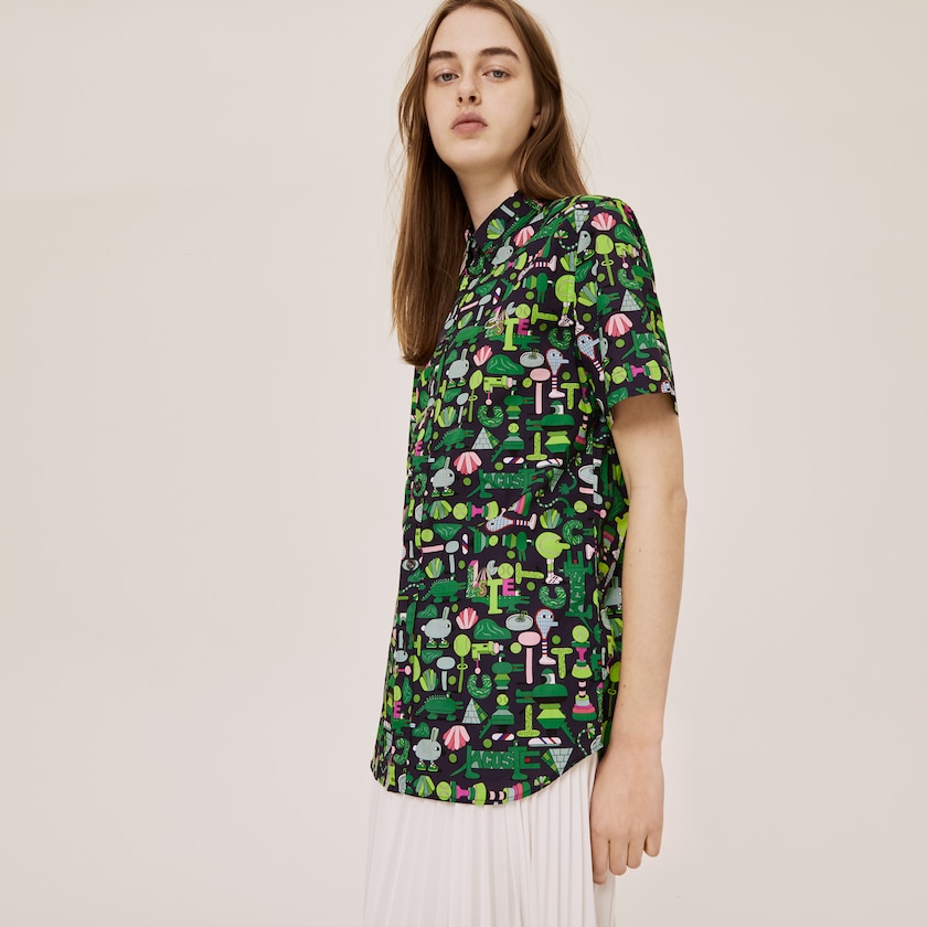 Camisas Azul Marinho Azuis Branco Feminino Lacoste x Jeremyville Regular Fit Cotton BE1-15531K5
