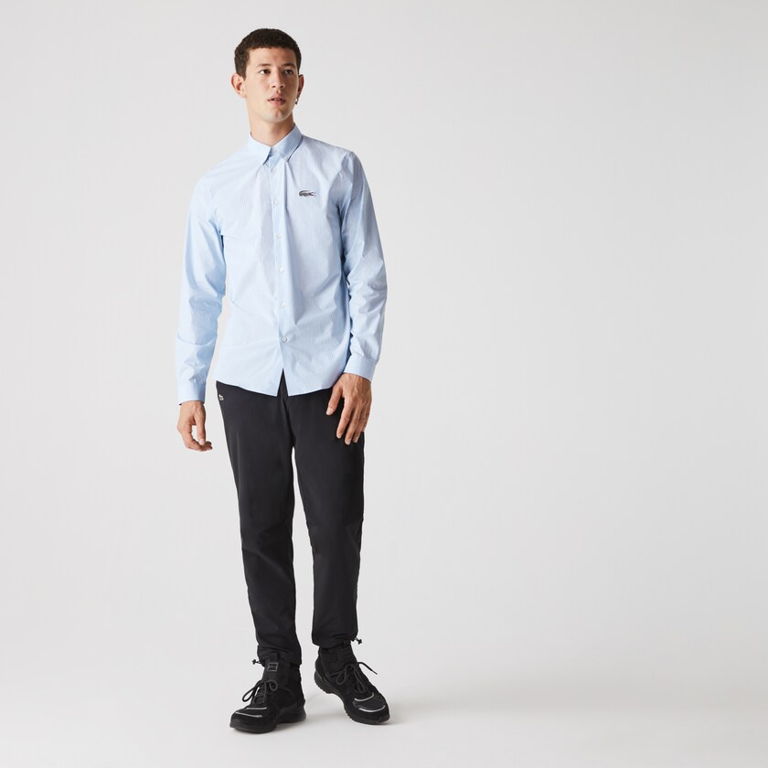 Camisas Azuis Branco Masculino Lacoste x National Geographic Regular Fit Striped Cotton BI5-86108B4