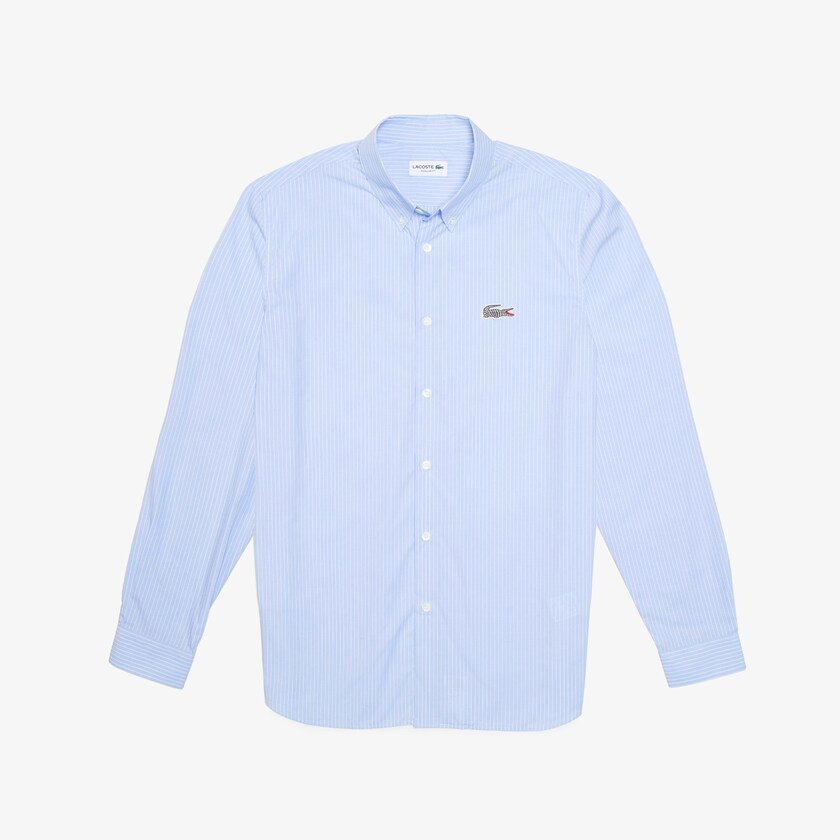 Camisas Azuis Branco Masculino Lacoste x National Geographic Regular Fit Striped Cotton BI5-86108B4