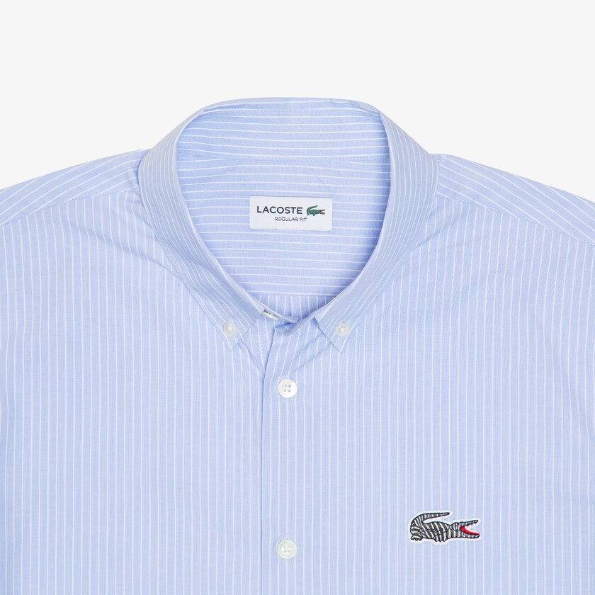 Camisas Azuis Branco Masculino Lacoste x National Geographic Regular Fit Striped Cotton BI5-86108B4