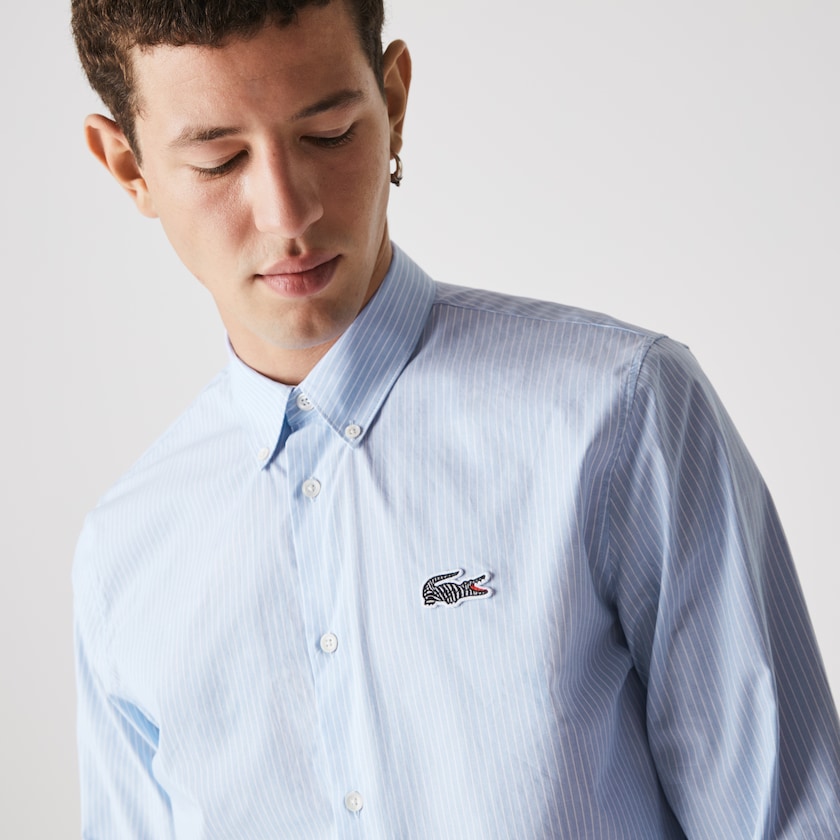 Camisas Azuis Branco Masculino Lacoste x National Geographic Regular Fit Striped Cotton BI5-86108B4