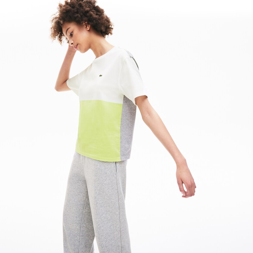 Camiseta Amarelas Branco Cinzentas Feminino Lacoste Cotton Color-Block ZI5-86768D7