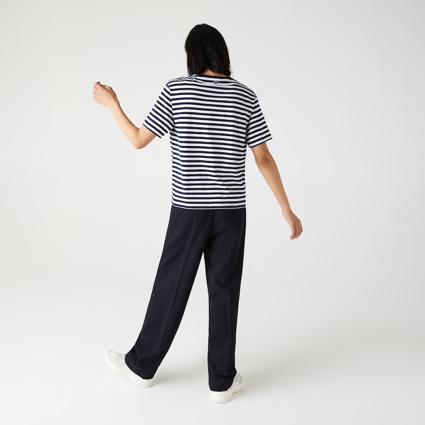 Camiseta Azul Marinho Azuis Branco Feminino Lacoste Crew Neck Branded Striped Cotton RU2-15901W9