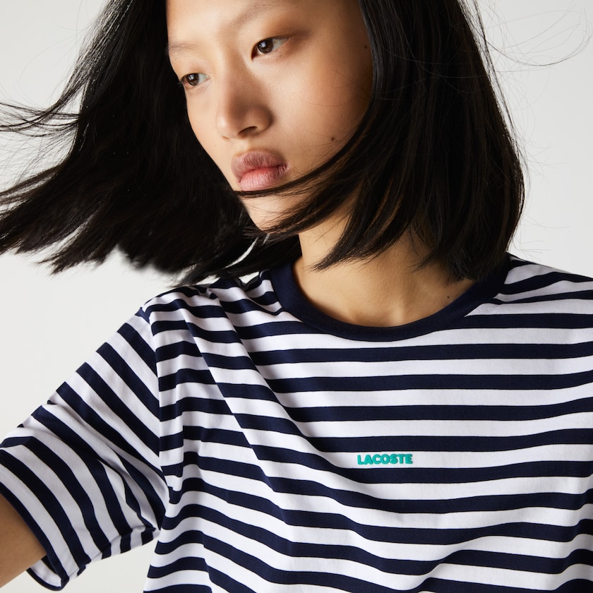 Camiseta Azul Marinho Azuis Branco Feminino Lacoste Crew Neck Branded Striped Cotton RU2-15901W9