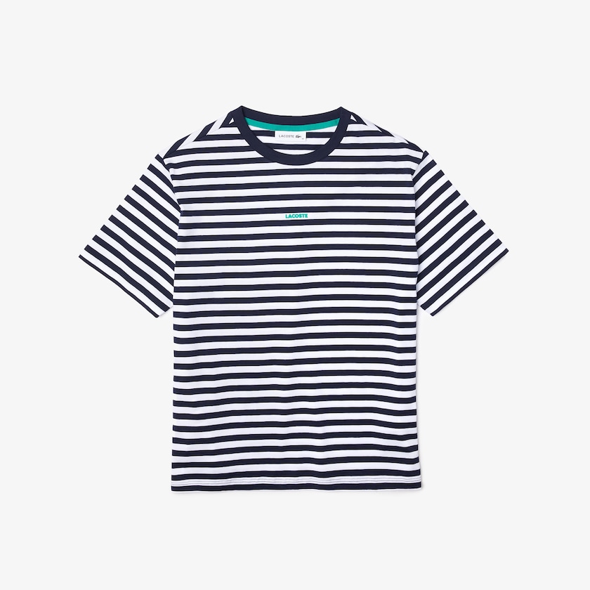 Camiseta Azul Marinho Azuis Branco Feminino Lacoste Crew Neck Branded Striped Cotton RU2-15901W9