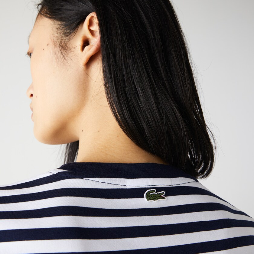 Camiseta Azul Marinho Azuis Branco Feminino Lacoste Crew Neck Branded Striped Cotton RU2-15901W9