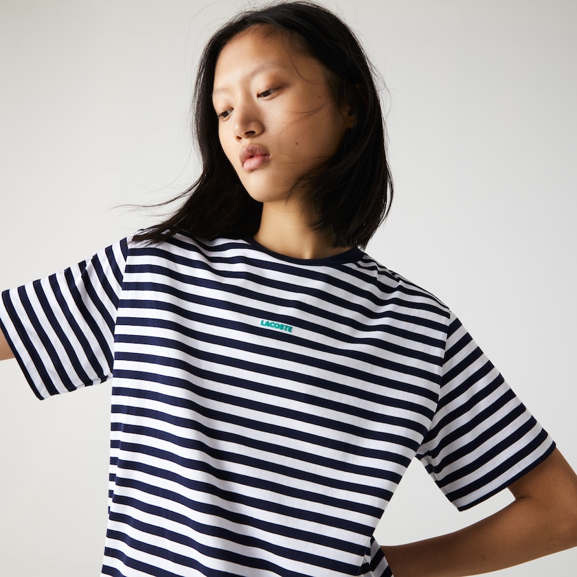 Camiseta Azul Marinho Azuis Branco Feminino Lacoste Crew Neck Branded Striped Cotton RU2-15901W9