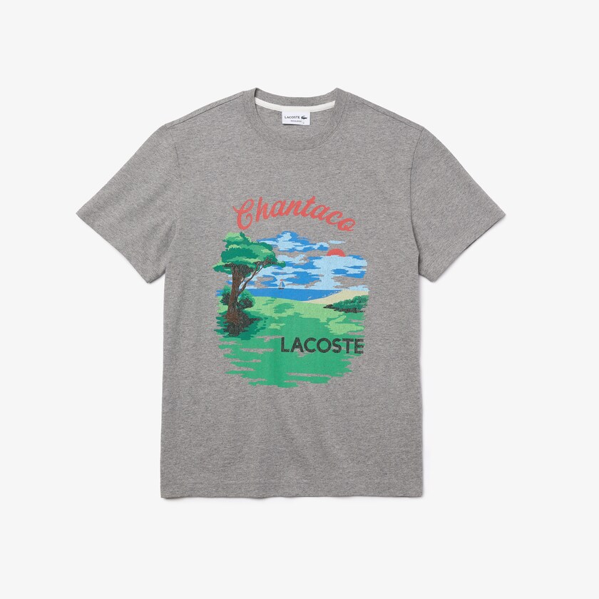 Camiseta Cinzentas Vermelhas Masculino Lacoste Crew Neck Landscape Print Cotton VA3-15601L1