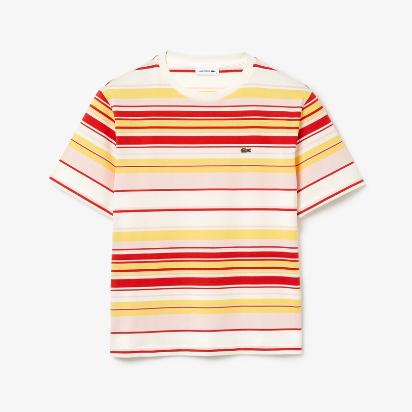 Camiseta Branco Vermelhas Luz Rosa Amarelas Feminino Lacoste Crew Neck Striped Cotton WI9-28092O6