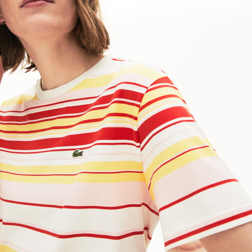 Camiseta Branco Vermelhas Luz Rosa Amarelas Feminino Lacoste Crew Neck Striped Cotton WI9-28092O6