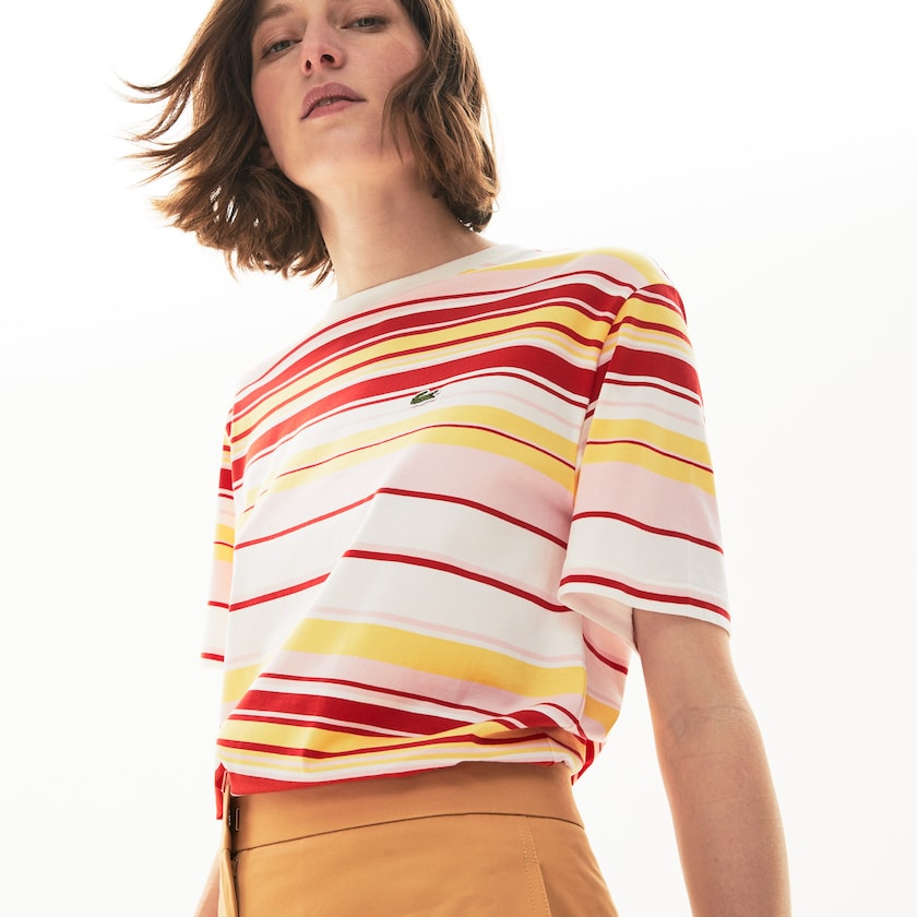Camiseta Branco Vermelhas Luz Rosa Amarelas Feminino Lacoste Crew Neck Striped Cotton WI9-28092O6