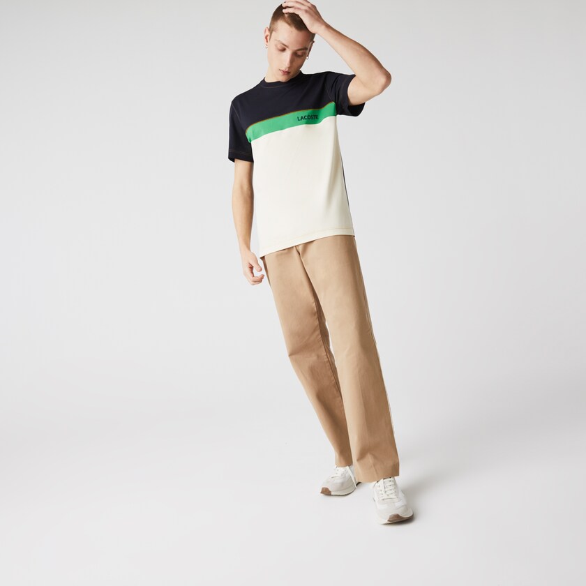Camiseta Azul Marinho Azuis Bege Verdes Masculino Lacoste Crewneck Colorblock Cotton UL0-37113E2