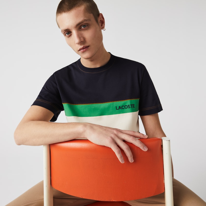 Camiseta Azul Marinho Azuis Bege Verdes Masculino Lacoste Crewneck Colorblock Cotton UL0-37113E2