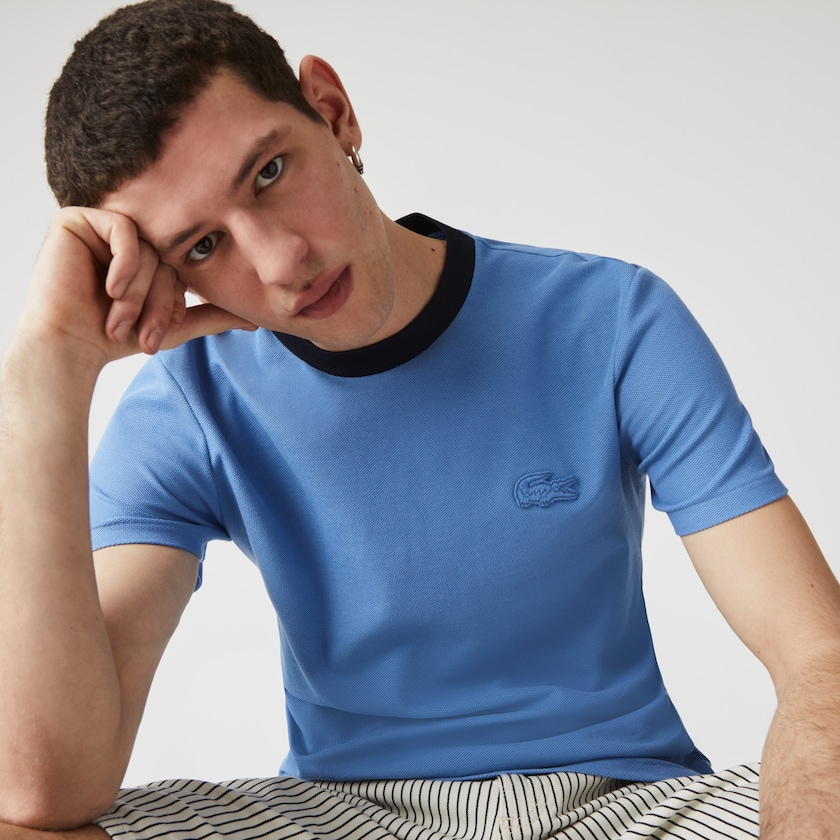 Camiseta Azuis Azul Marinho Azuis Masculino Lacoste Crewneck Relaxed Fit Textured Cotton FL5-05630S4