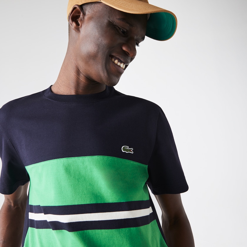 Camiseta Azul Marinho Azuis Verdes Bege Masculino Lacoste Crewneck Striped Cotton NL4-21782E2