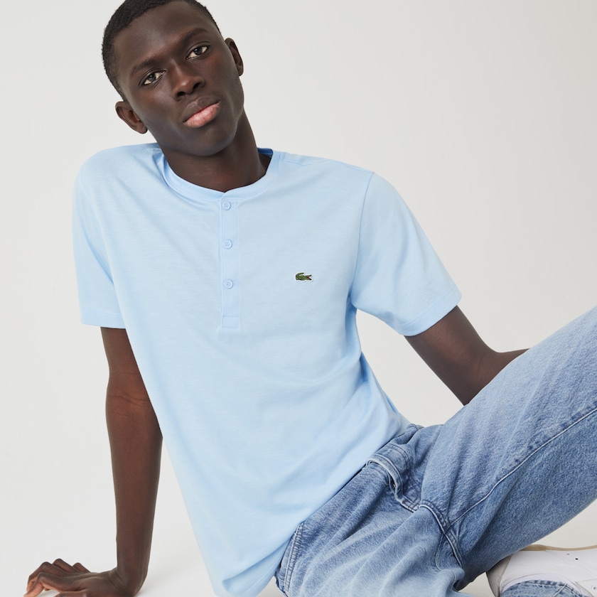 Camiseta Azuis Masculino Lacoste Henley Neck Pima Cotton Jersey ZE9-96659T8