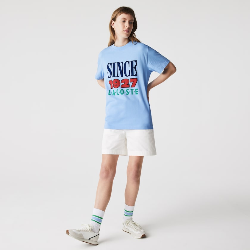 Camiseta Azuis Feminino Lacoste LIVE Printed Cotton LH1-61436L7
