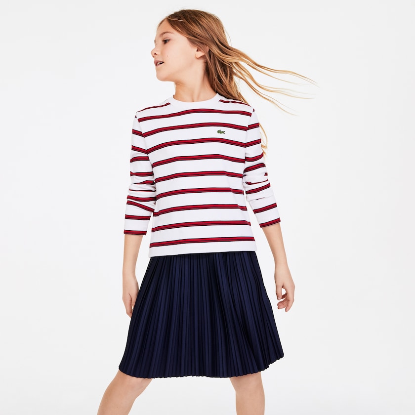 Camiseta Branco Vermelhas Azul Marinho Azuis Criança Lacoste Print Thick Cotton Nautical Top LM7-82808A9