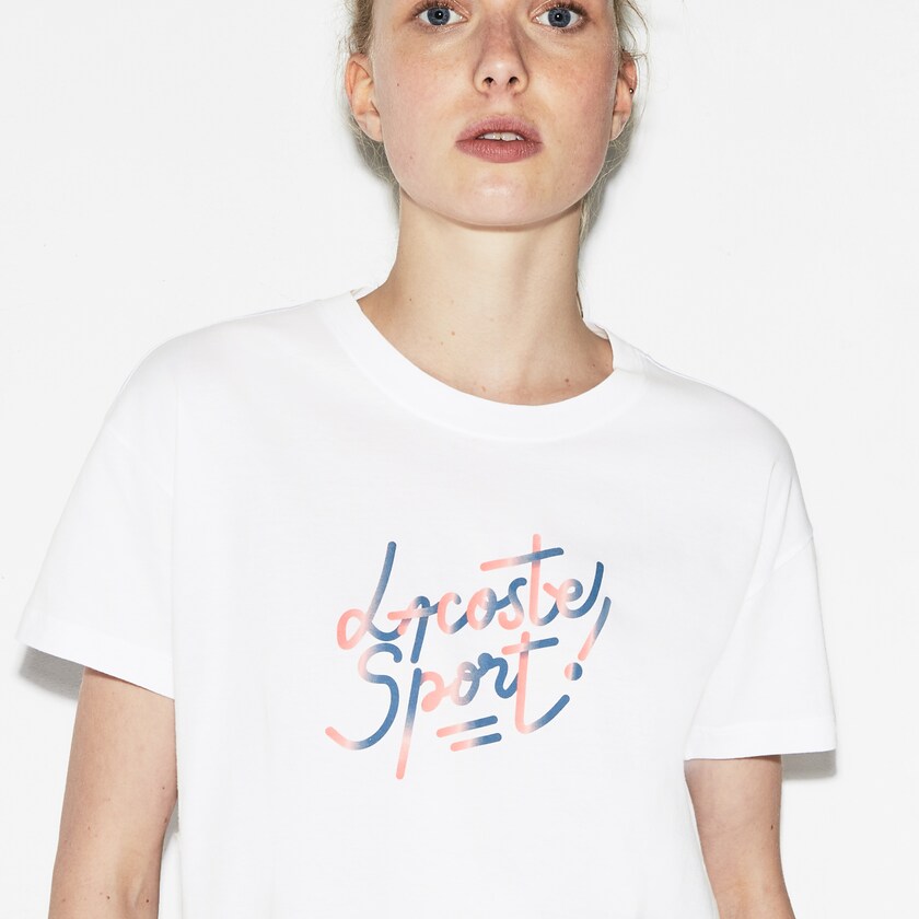 Camiseta Branco Vermelhas Rosa Azuis Feminino Lacoste SPORT Crew Neck Shaded Design Tennis QI9-05600A2