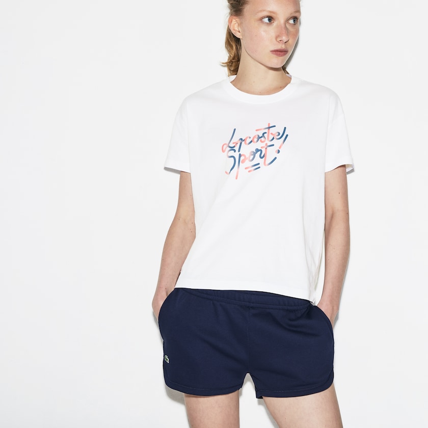 Camiseta Branco Vermelhas Rosa Azuis Feminino Lacoste SPORT Crew Neck Shaded Design Tennis QI9-05600A2