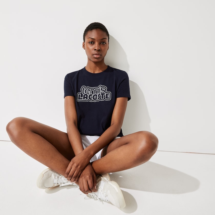 Camiseta Azul Marinho Azuis Feminino Lacoste SPORT Graphic-Print Tennis DB8-93719G5