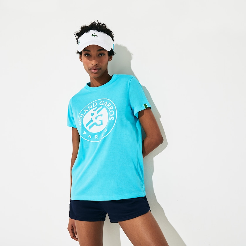 Camiseta Turquesa Branco Verdes Feminino Lacoste SPORT Roland Garros Logo LK7-54695W1