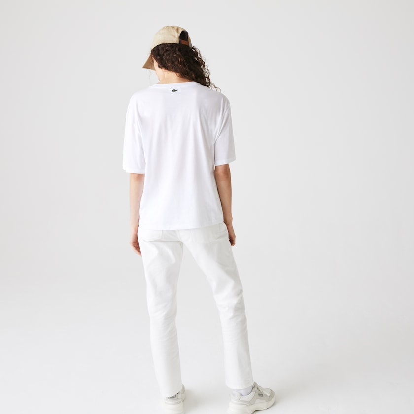 Camiseta Branco Azul Marinho Azuis Feminino Lacoste Signature Printed Crew Neck Cotton WP2-31413S0