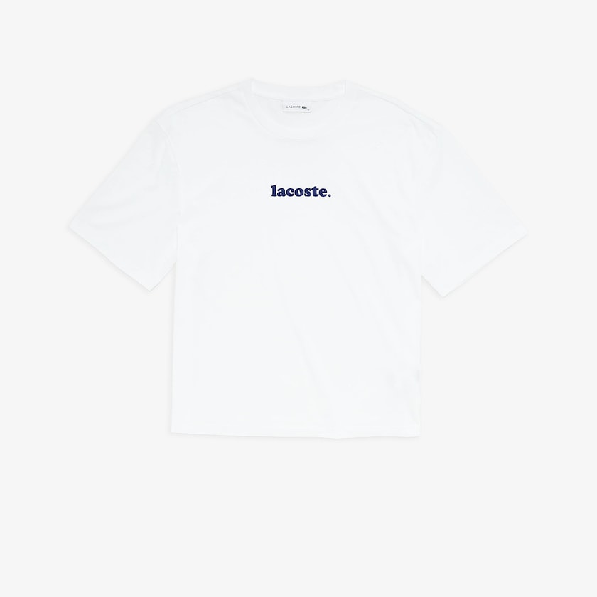 Camiseta Branco Azul Marinho Azuis Feminino Lacoste Signature Printed Crew Neck Cotton WP2-31413S0