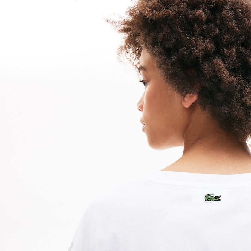 Camiseta Branco Azul Marinho Azuis Feminino Lacoste Signature Printed Crew Neck Cotton WP2-31413S0