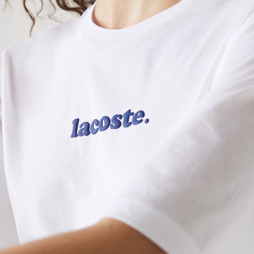 Camiseta Branco Azul Marinho Azuis Feminino Lacoste Signature Printed Crew Neck Cotton WP2-31413S0