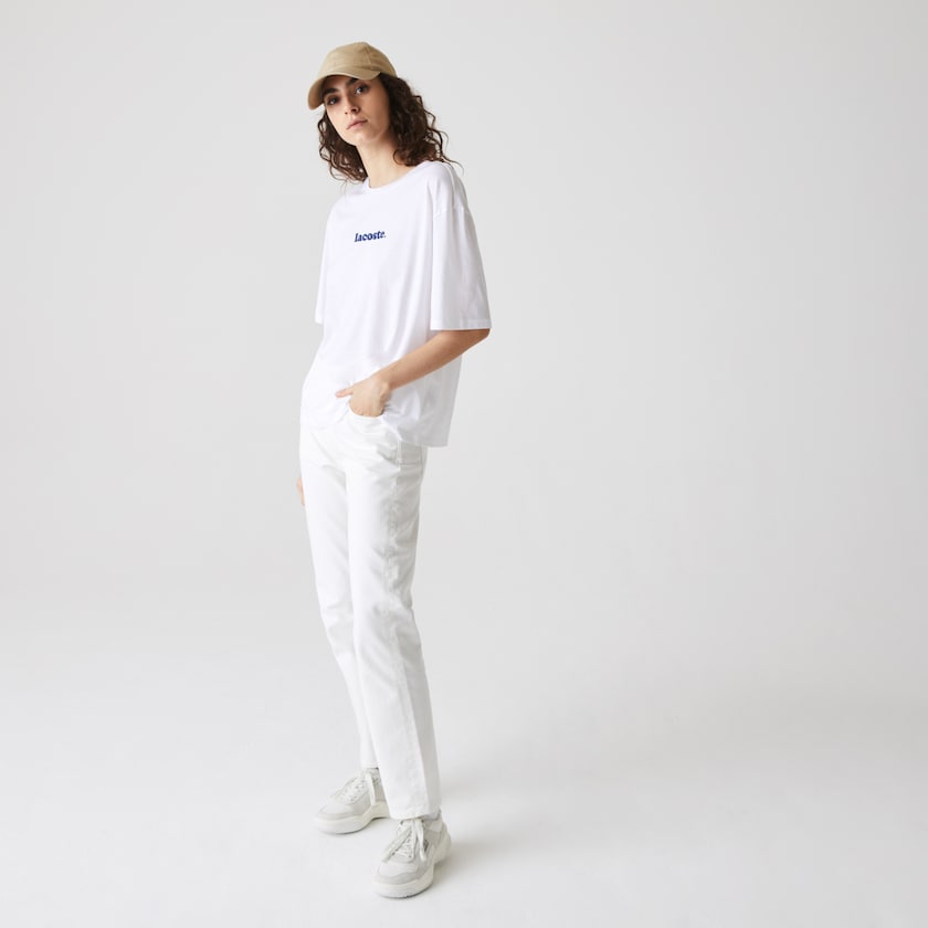 Camiseta Branco Azul Marinho Azuis Feminino Lacoste Signature Printed Crew Neck Cotton WP2-31413S0