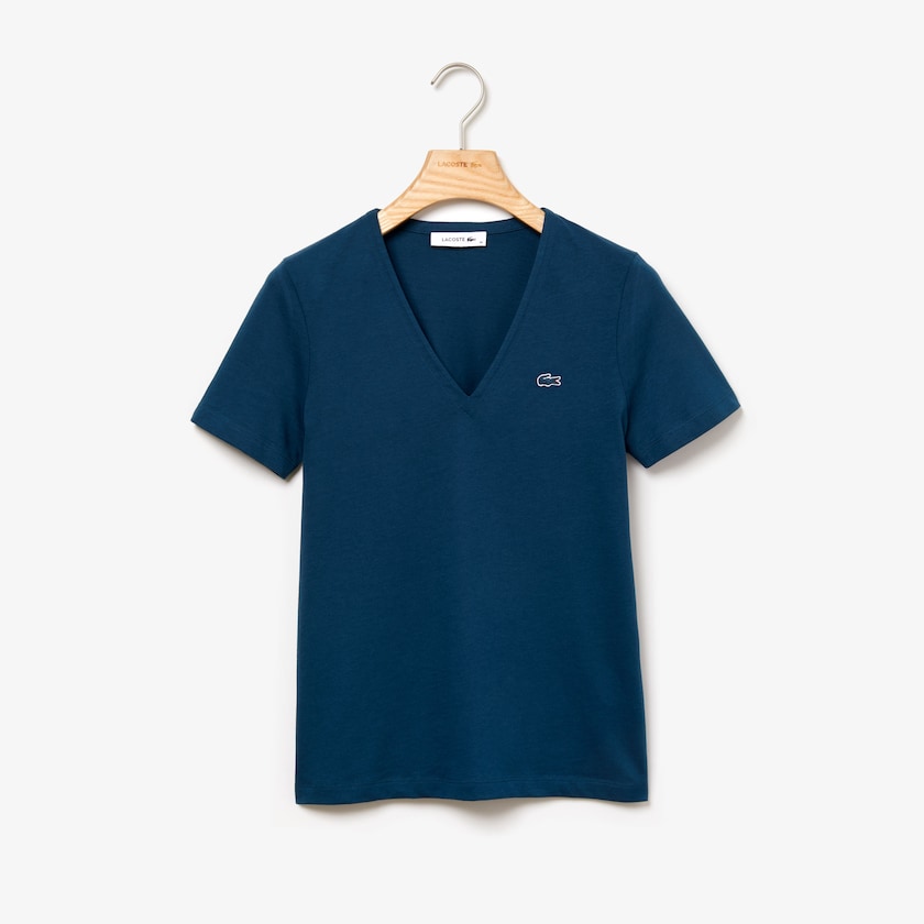 Camiseta Azuis Feminino Lacoste Slim Fit V-Neck Cotton Jersey XQ1-30073H9