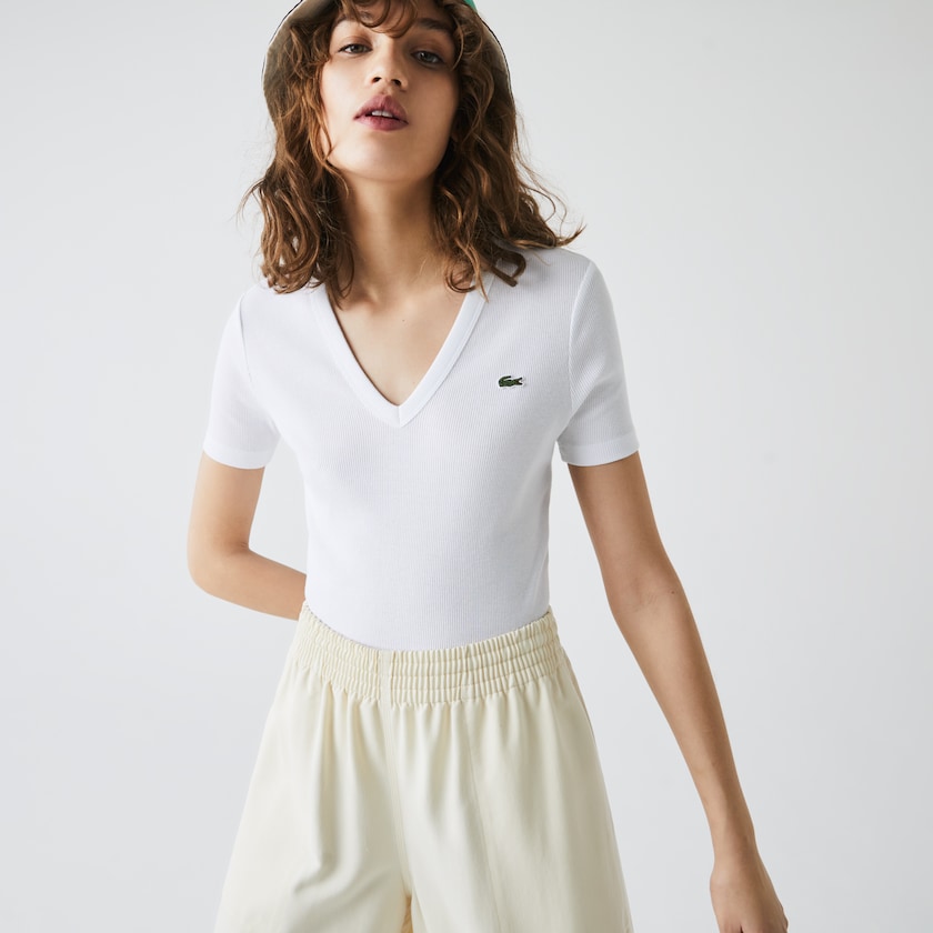 Camiseta Branco Feminino Lacoste Soft Cotton V-Neck XF3-63146Y1