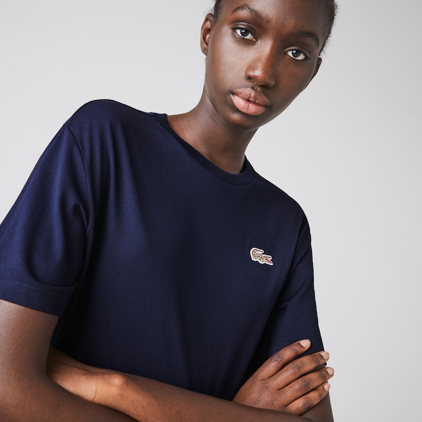 Camiseta Azul Marinho Azuis Branco Feminino Lacoste x National Geographic Cotton HR9-51355K2
