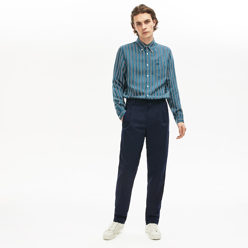 Calças De Algodão Azul Marinho Azuis Masculino Lacoste Pleat-Front Twill WZ9-35973E3