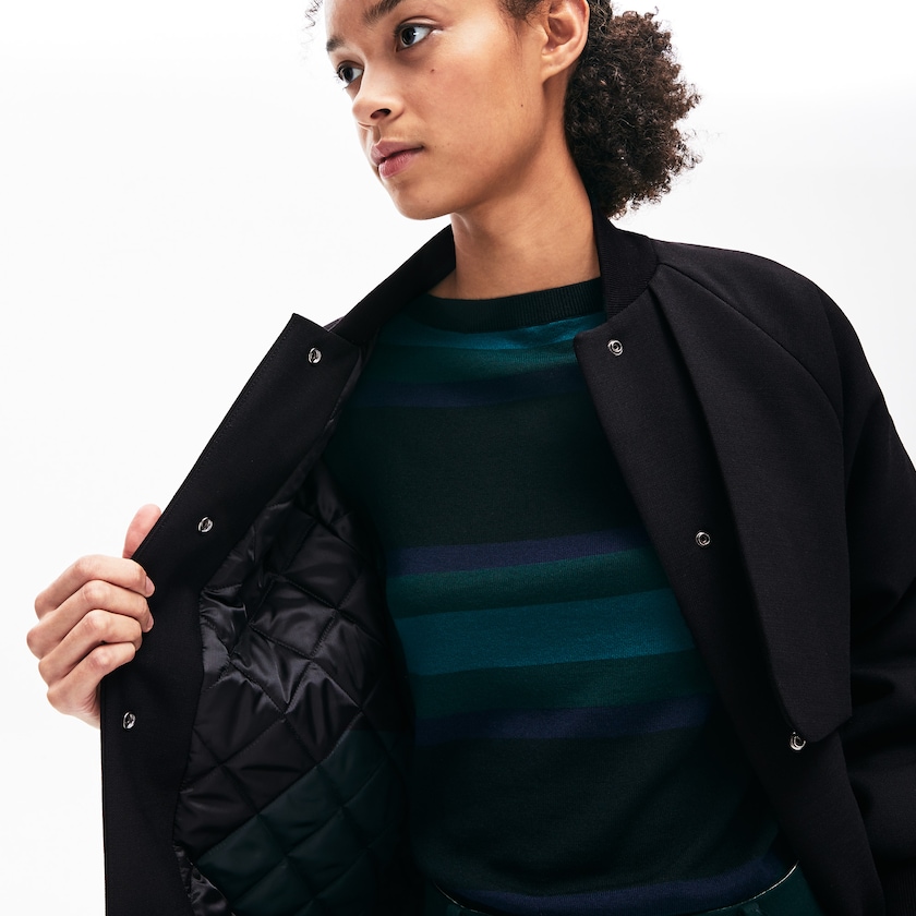 Jaquetas Pretas Feminino Lacoste Quilted Lining Long Wool Crepe Bomber IS8-18561Z8