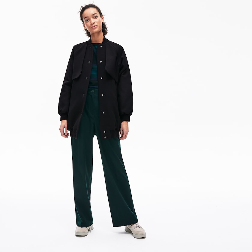 Jaquetas Pretas Feminino Lacoste Quilted Lining Long Wool Crepe Bomber IS8-18561Z8