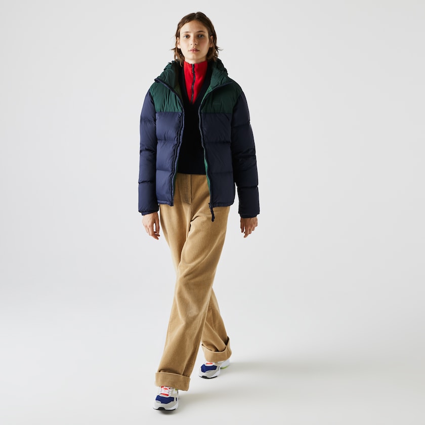 Jaquetas Azul Marinho Azuis Verdes Feminino Lacoste Stand-Up Collar Concealed Hood Colourblock Short NK8-70597R0
